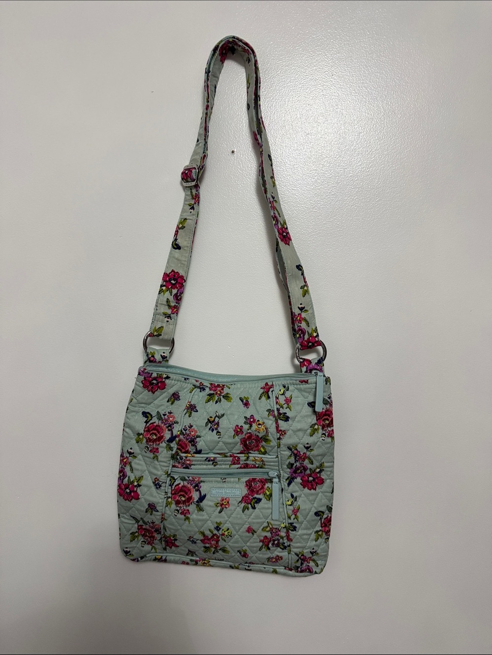 Vera Bradley Light Blue Quilted Crossbody with Pink Floral Print